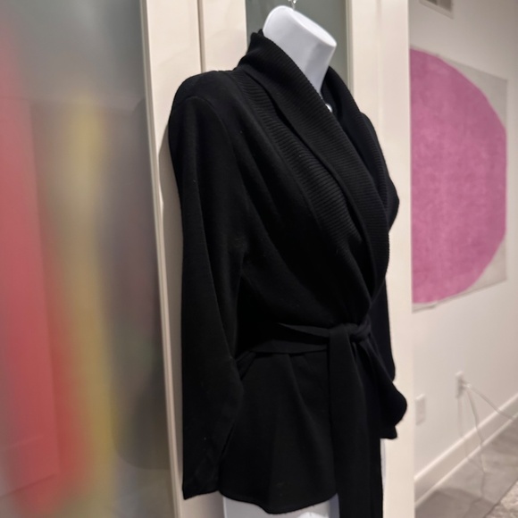 BCBGMaxAzria Black Merino Wool Knit Wrap Belted Cardigan Sweater Jacket Small - Picture 9 of 16